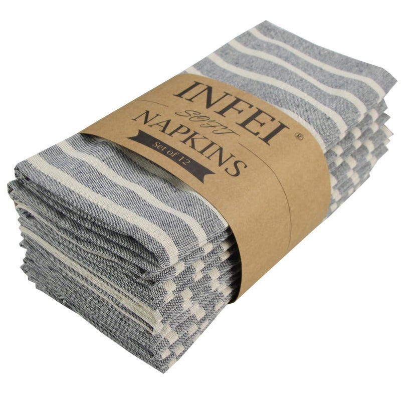 INFEI Broad Striped Cotton Blended Dinner Cloth Napkins - Set of 12 (40 x 30 cm) - for Events & Home Use (Navy) - Image 1